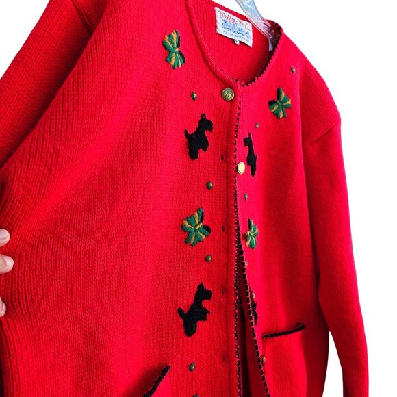 80s Scottie Dog Cardigan Red Embroidered Knit Vintage Novelty Sweater - Picture 13 of 14